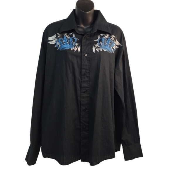 Eighty Eight Other - Eighty Eight Men's Black Blue Embellished Button Down Shirt Size L